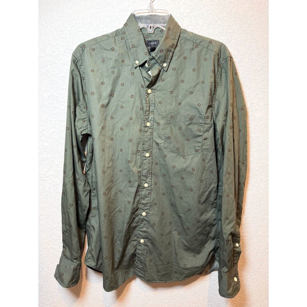 JCrew Long Sleeve Button Down Shirt Mens M Olive Green Geometric Medallion Boho - Picture 2 of 11